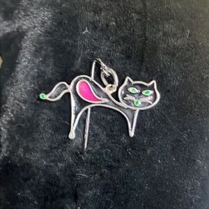 Vintage 925 Sterling Black & Pink Enamel Cat Pendant Stick Pin made in Israel